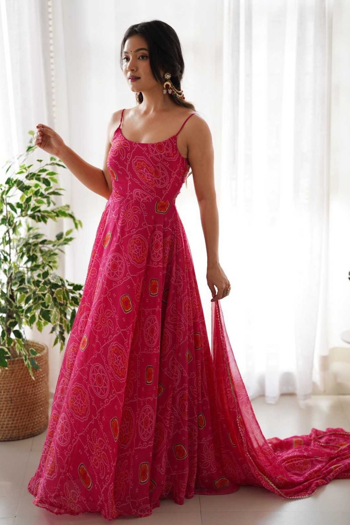 Emerald Red Chiffon Bandhej Anarkali with Dupatta