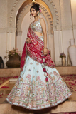 White Tissue Embroidered Lehenga Choli with Red Dupatta