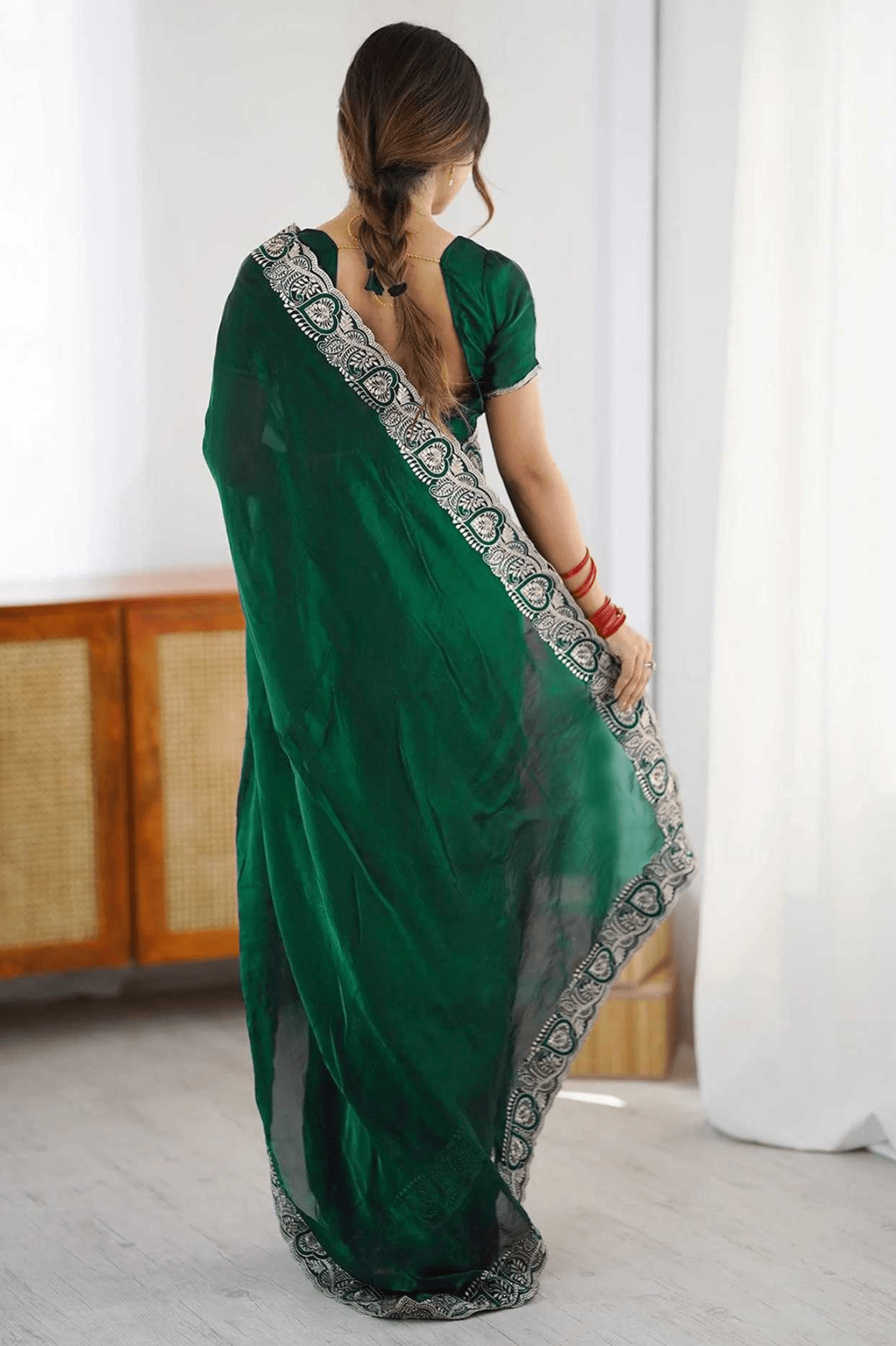 Green Rangoli Party Wear Saree with Embroidered Border Lace - kavyo.in