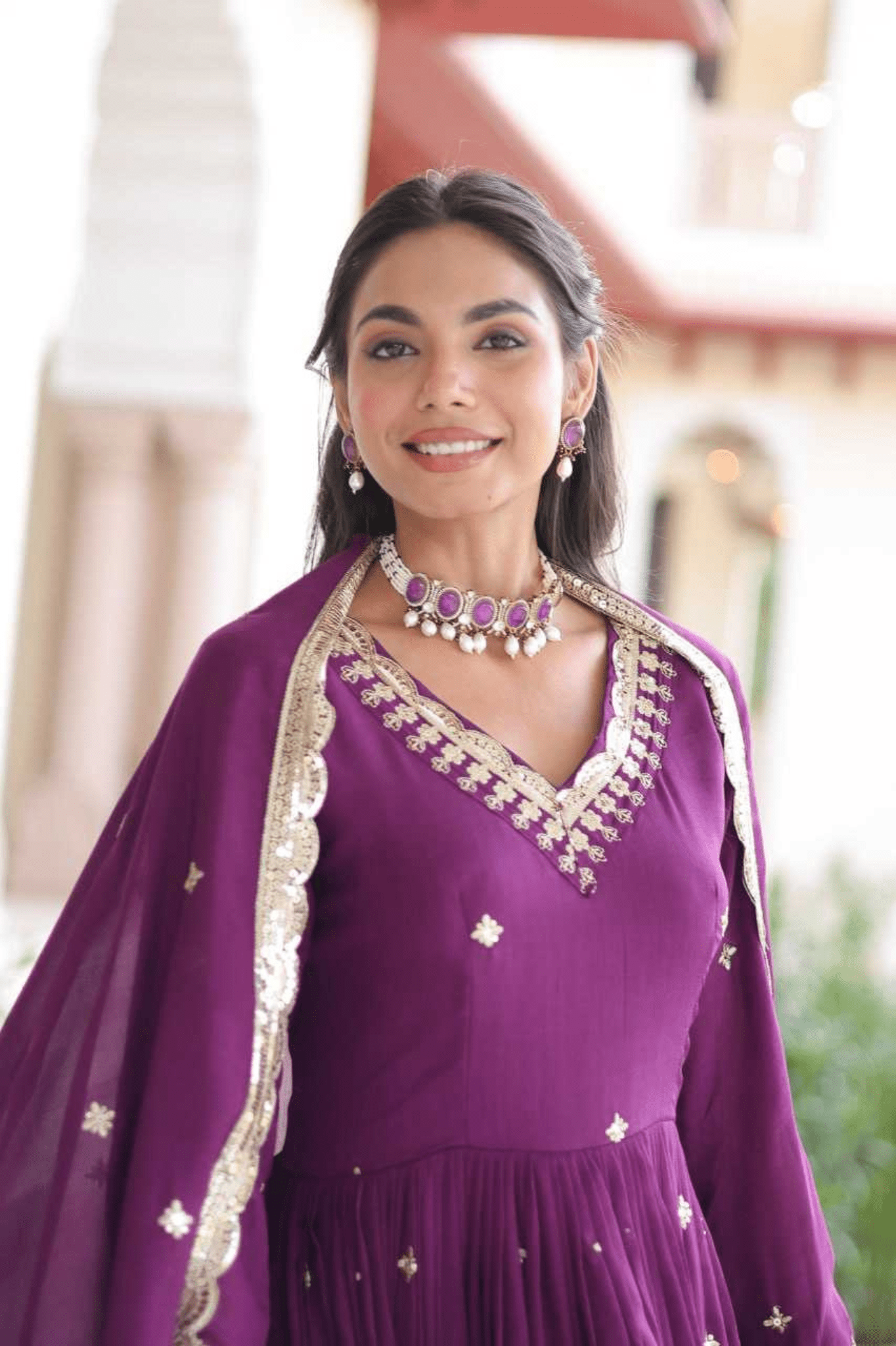 Purple Royal Vichitra Silk Anarkali Gown Set - kavyo.in