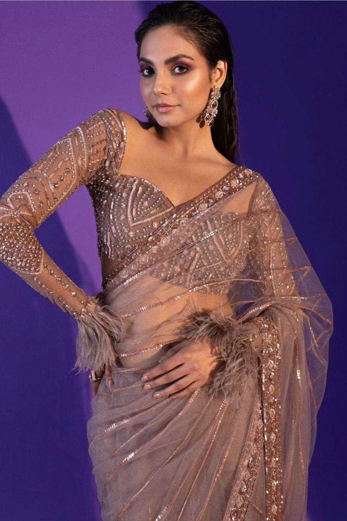 Rosé Shimmer Net Saree with Sequin & Zari Work