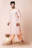Peach Mono Cotton-Poly Kurta with Dhoti Pajama Set for Men