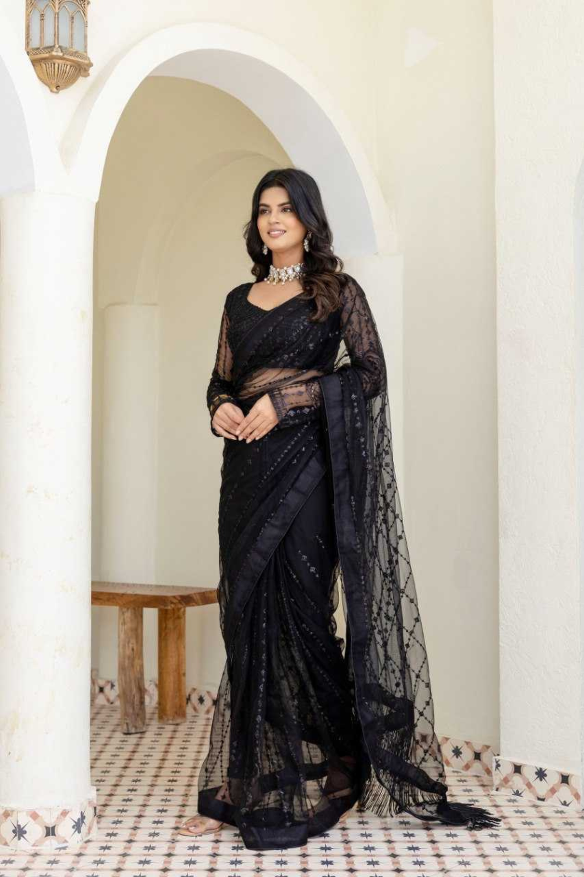 Elegant Black Soft Mono Net Saree with Sequins & Thread Embroidery