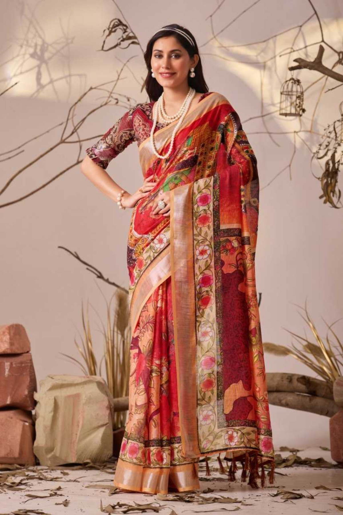 Crimson Canvas Premium Linen Cotton Artistic Print Saree