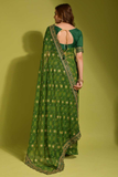 Green Georgette Chiffon Saree with Floral Foil Print and Embroidered Lace Border