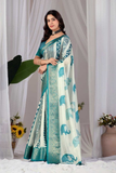 Soft Lichi Silk Printed Saree with Geometric Elephant Design & Zari Woven Border