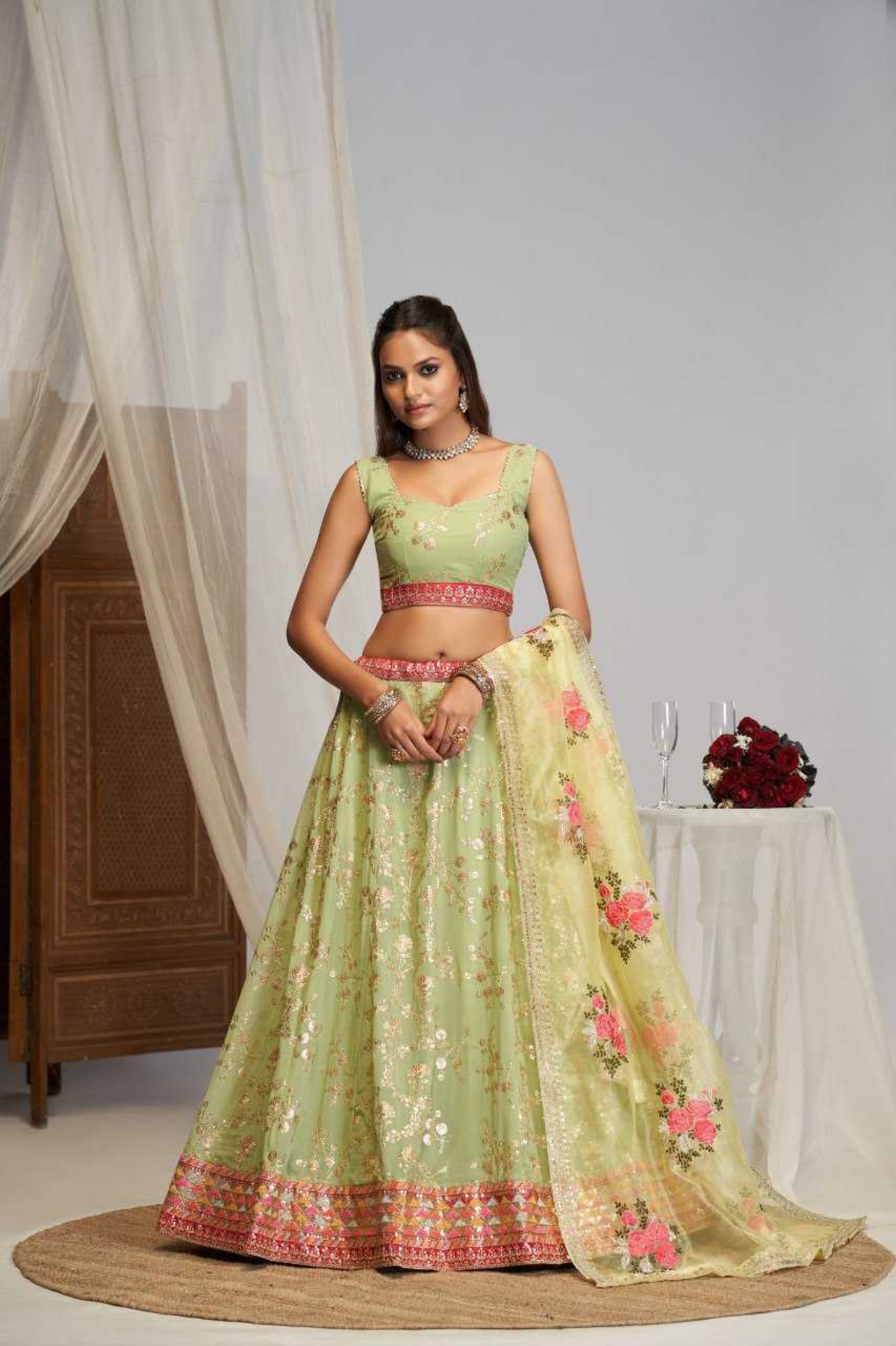 Light Green Faux Georgette Lehenga Choli with Floral Dupatta