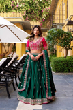 Green & Pink Silk Satin Embroidered Lehenga Choli Set with Dupatta