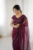 Net Saree with Heavy Sequins & Dori Work- Wine