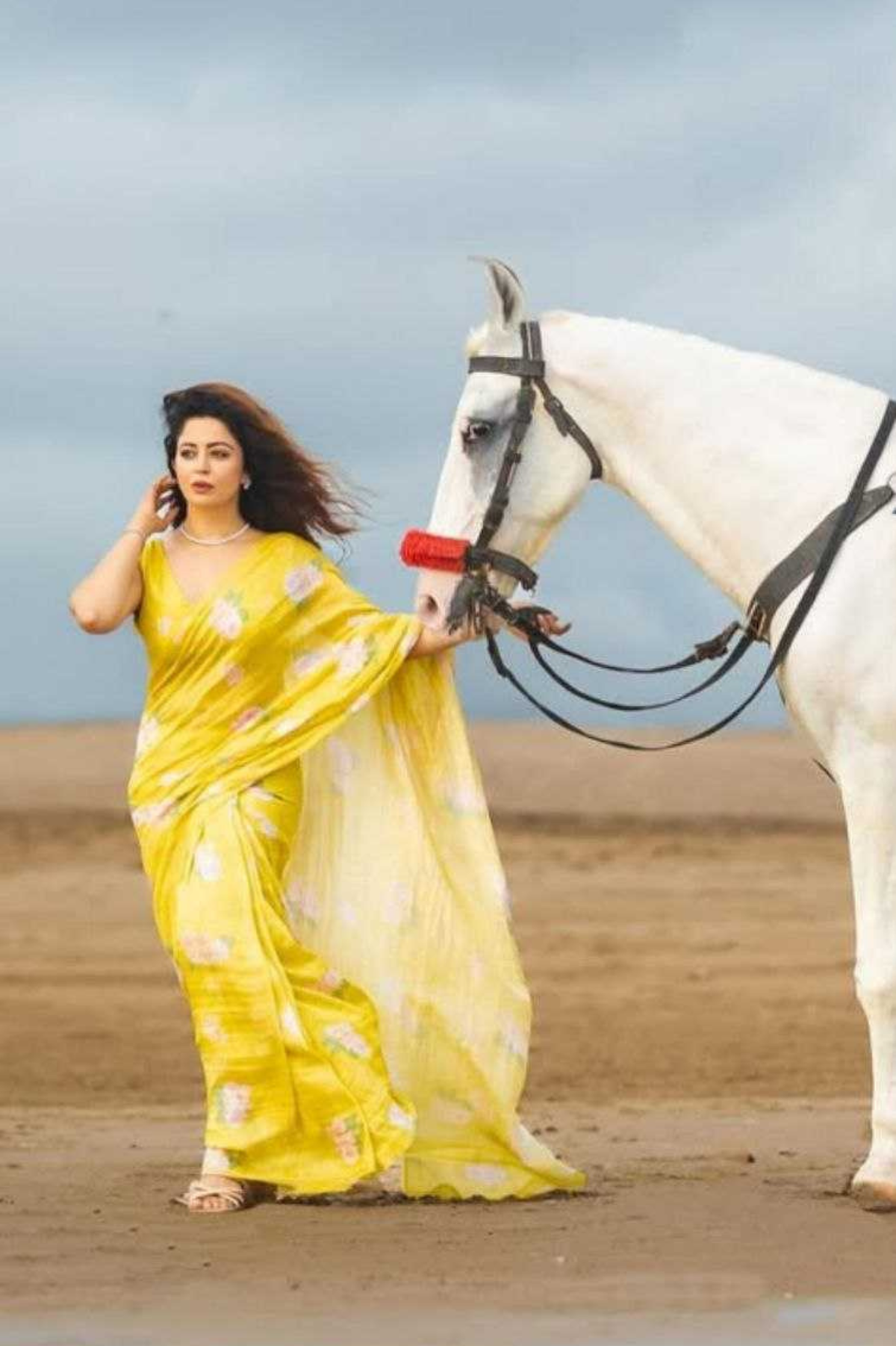 Plain Linen Yellow Saree with Digital Floral Print & Matching Blouse