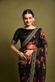 Black Floral Georgette Saree with Golden Embroidered Lace Border