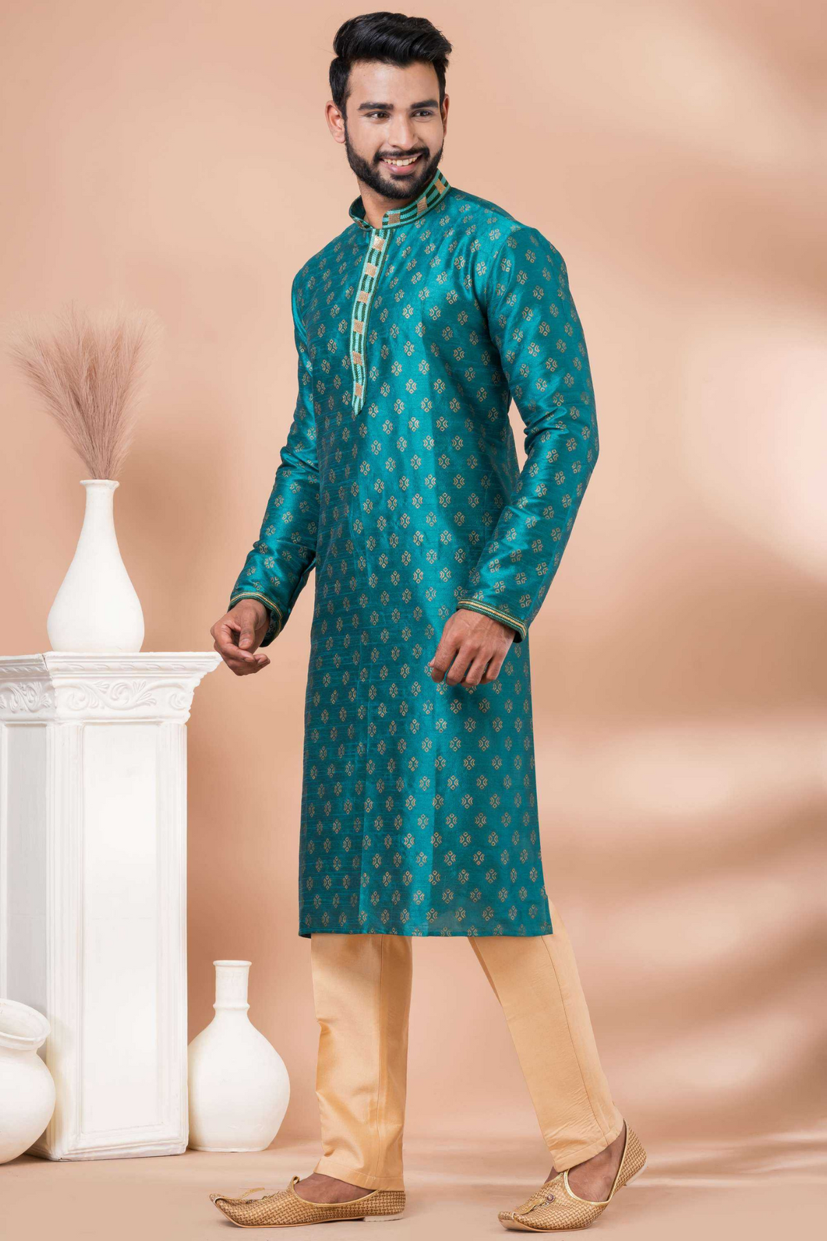 Banarasi Dhupion Royal Teal Kurta Pajama Set