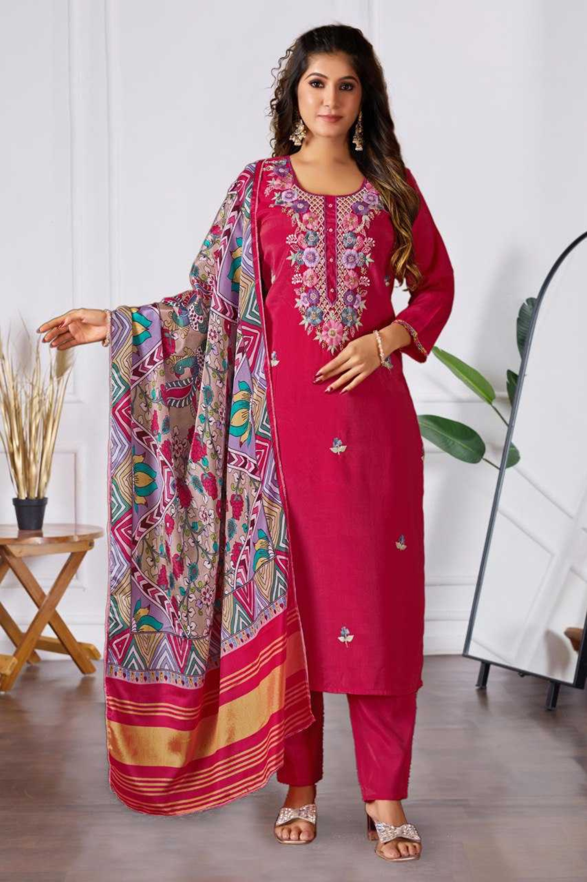 Beads of Royalty – Premium Chanderi Silk Shimmer 3-Piece Suit Set