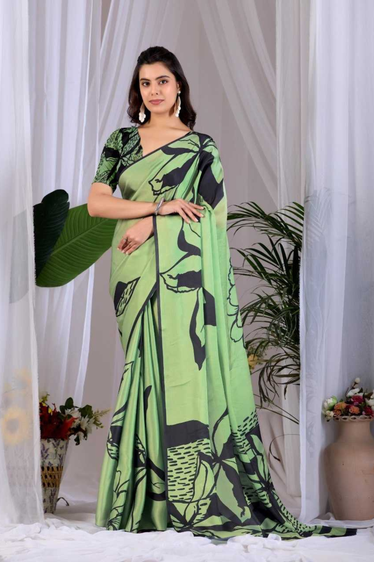 Pista Leaf Soft Satin Georgette Abstract Print Saree