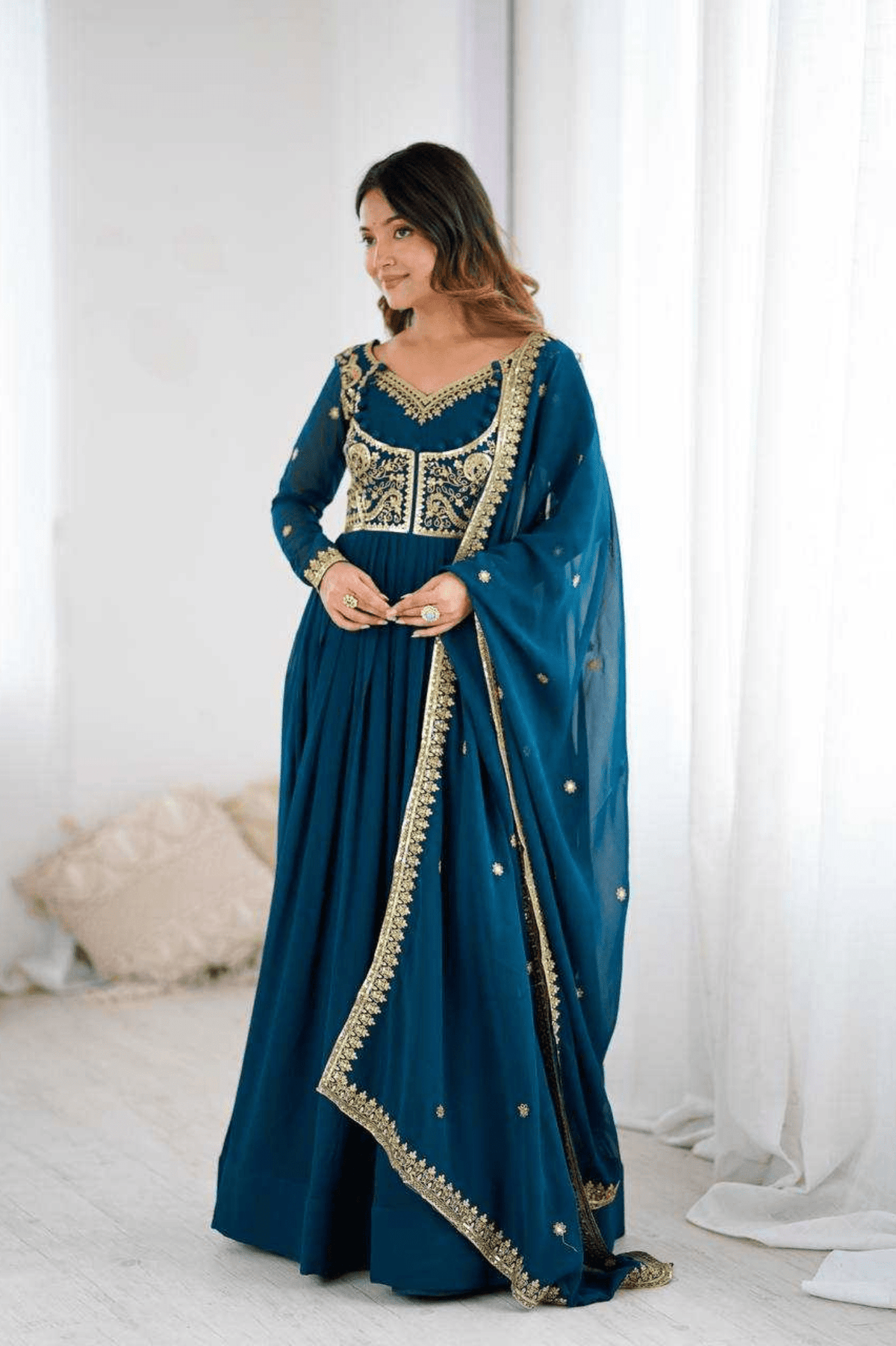 Teal Royale Faux Georgette Embroidered Suit Set with Dupatta - kavyo.in