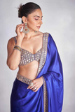 Rakul Preet Inspired Royal Blue Satin Silk Saree with Original Mirror and Embroidery Work