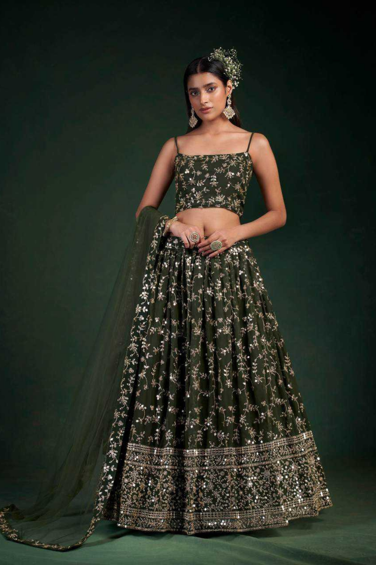 Olive Green Georgette Sequins & Zari Embroidered Lehenga Choli with Net Dupatta