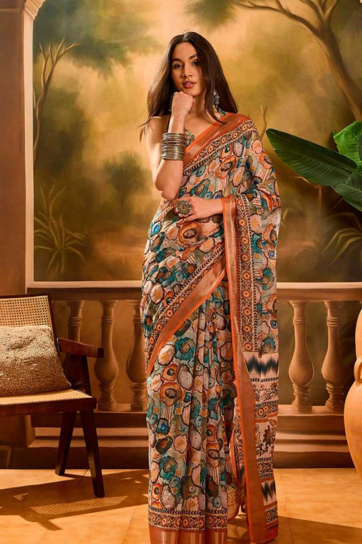 Teal Linen Cotton Saree with Watercolor Floral Print & Contrast Woven Border