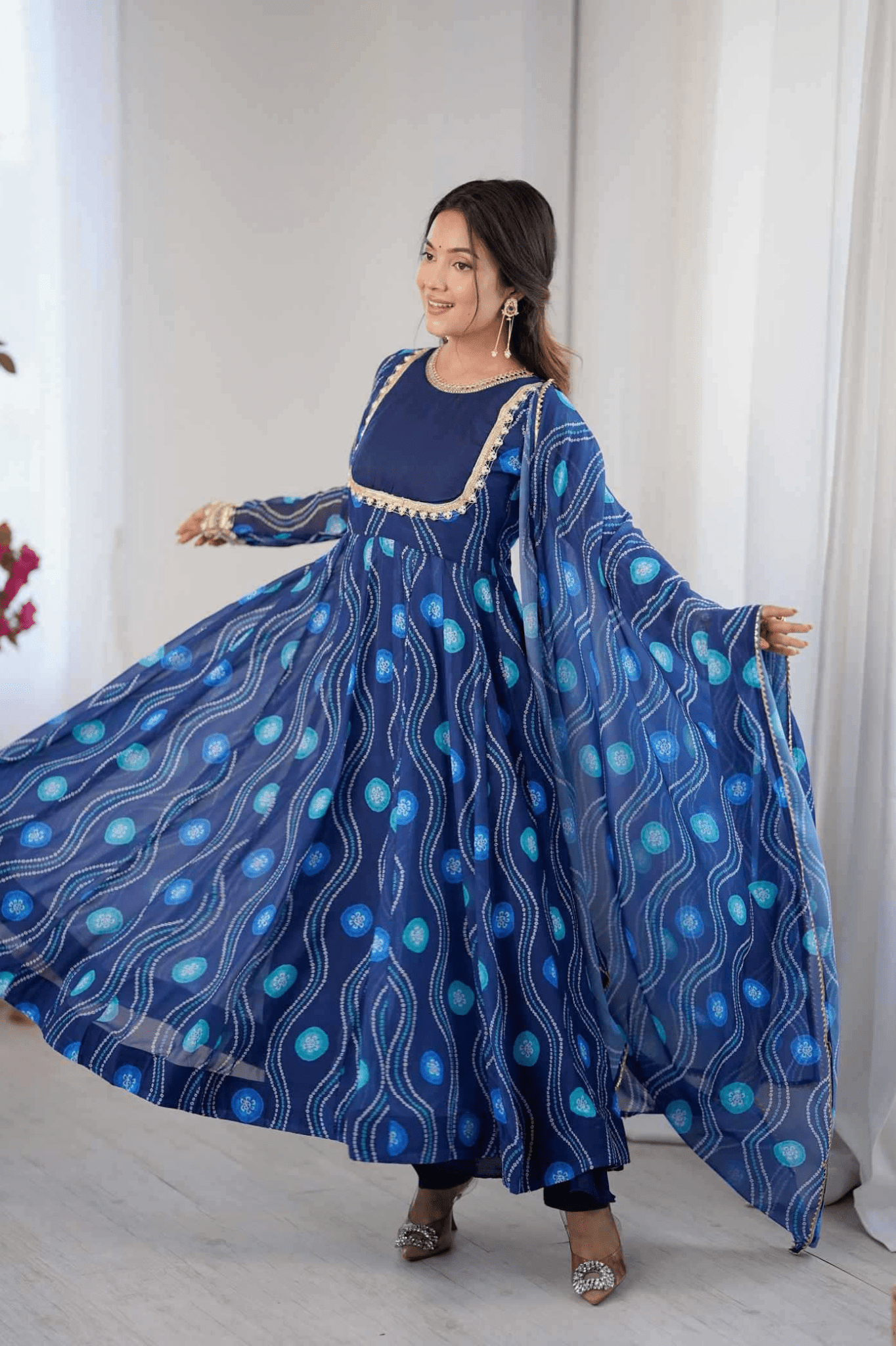 Royal Blue Bandhani Print Fox Georgette Anarkali Gown Set with Dupatta & Pant - kavyo.in