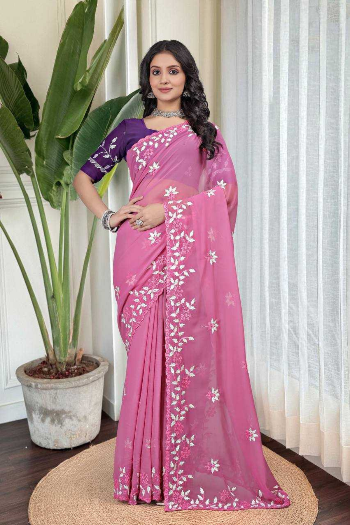 Pink Georgette Embroidered Saree With Contrast Blouse