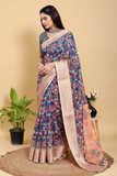 Navy Blue Jacquard Patta Linen Cotton Saree with Copper Border & Artistic Block Print Pallu