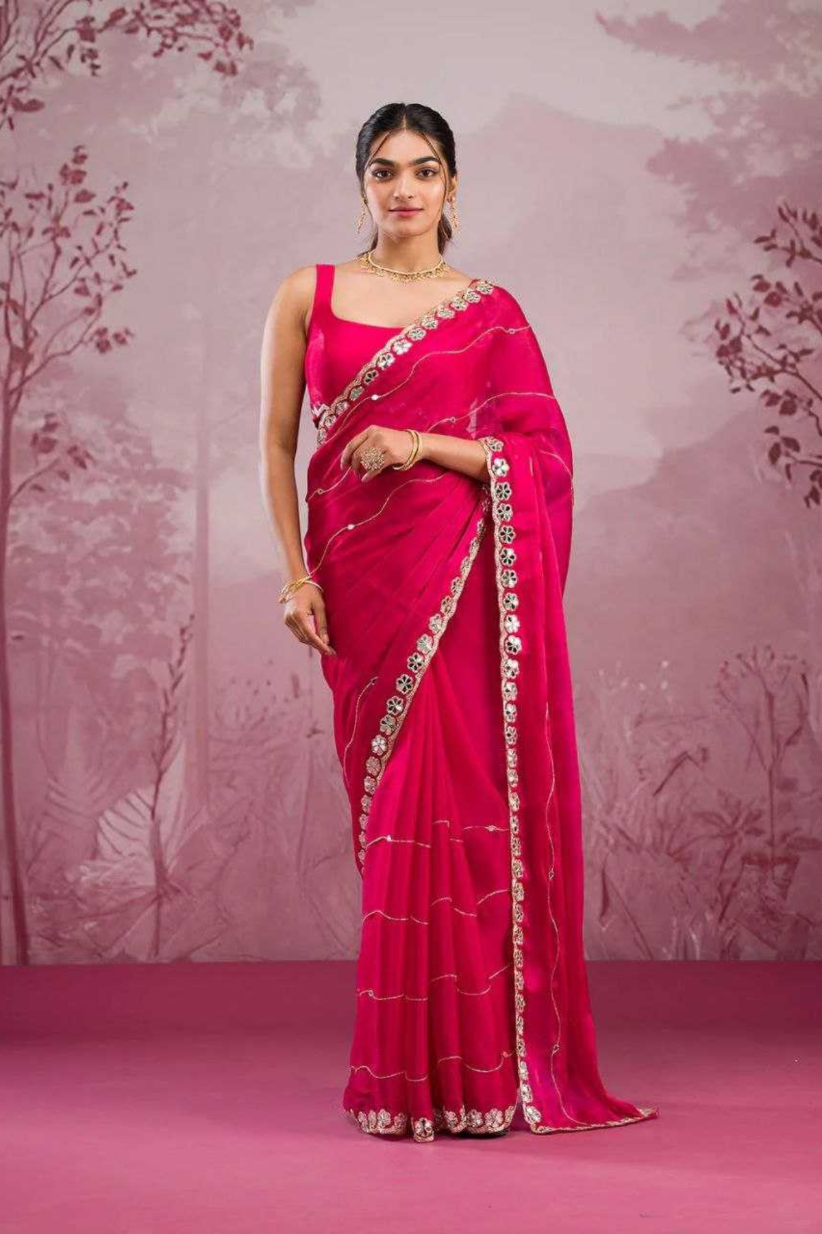 Premium Red Silk Saree with Real Mirror & Glitter Dori Work