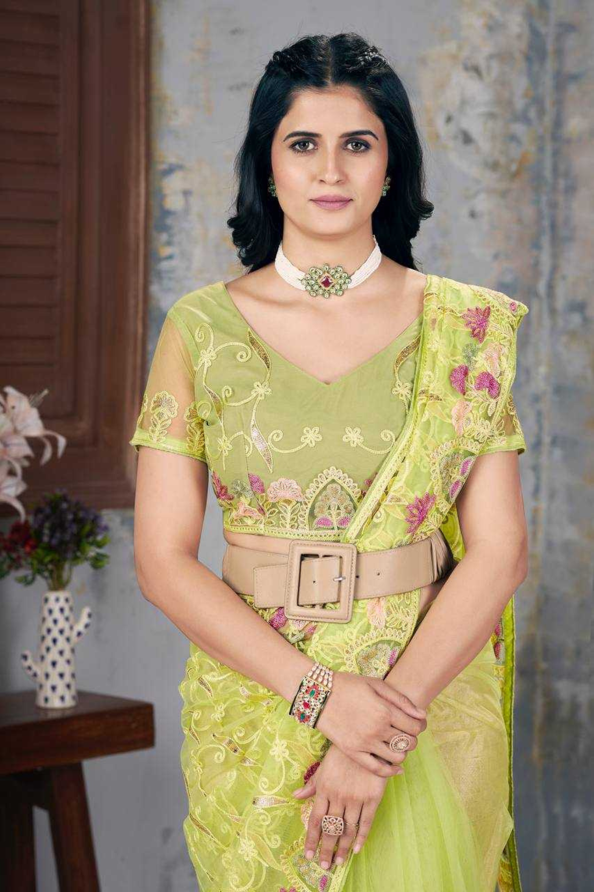 Designer Butterfly Net Saree with Aari Embroidery & Foil Work