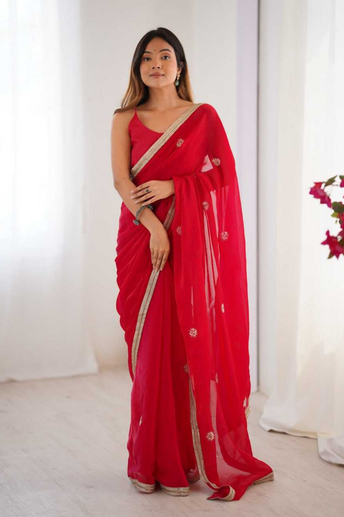 Elegant Red Fandy Saree with Beads & Sequin Embroidery