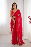 Elegant Red Fandy Saree with Beads & Sequin Embroidery