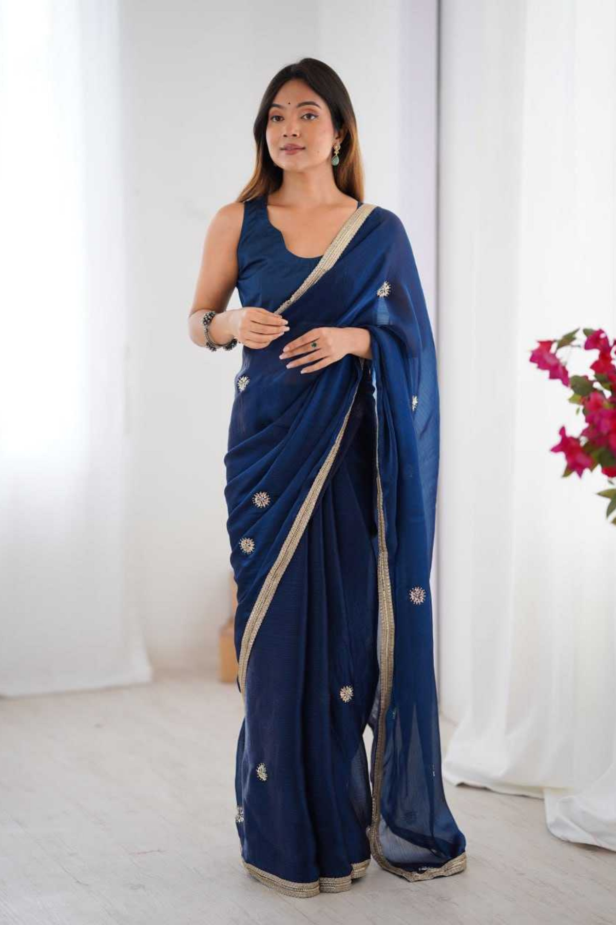 Elegant Blue Fandy Saree with Beads & Sequin Embroidery
