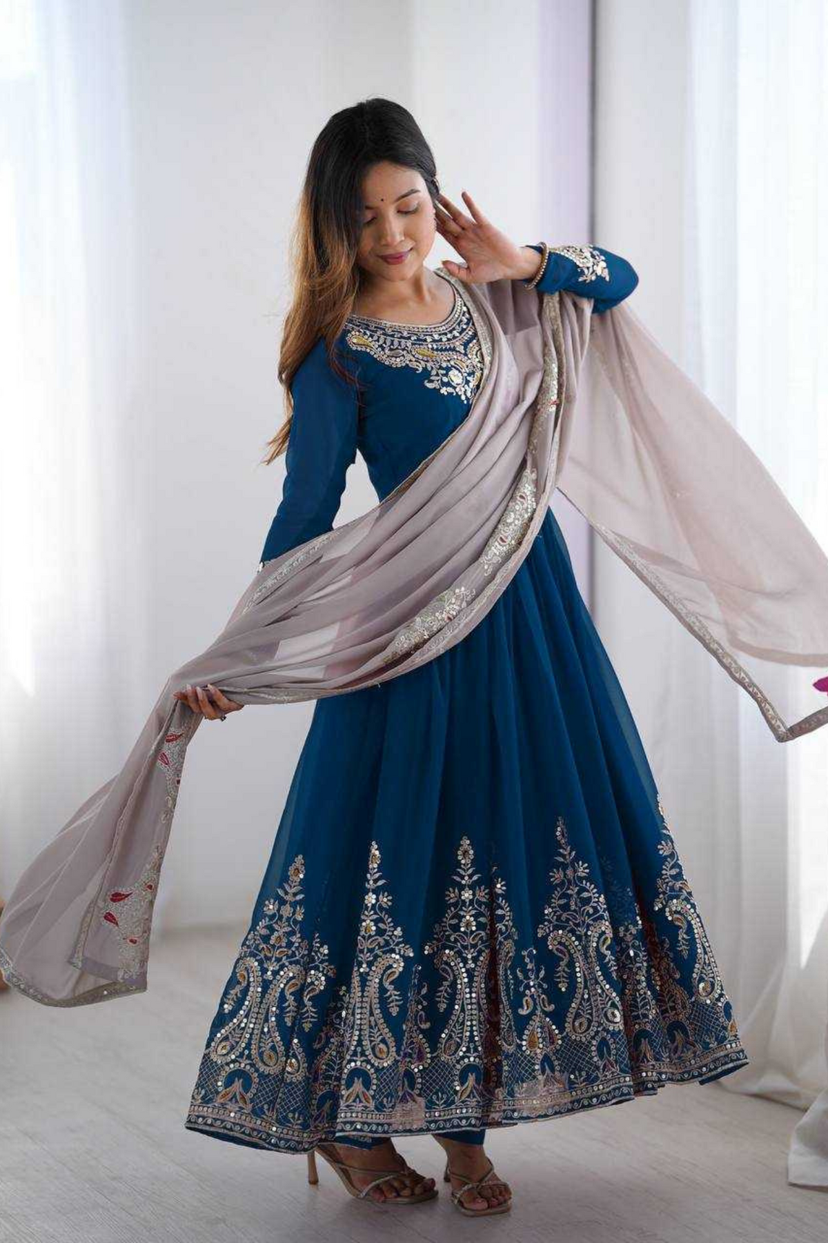 Royal Blue Georgette Embroidered Anarkali Set
