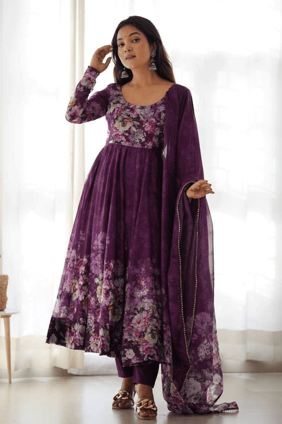 Royal Wine Floral Printed Organza Silk Anarkali Suit Set - kavyo.in