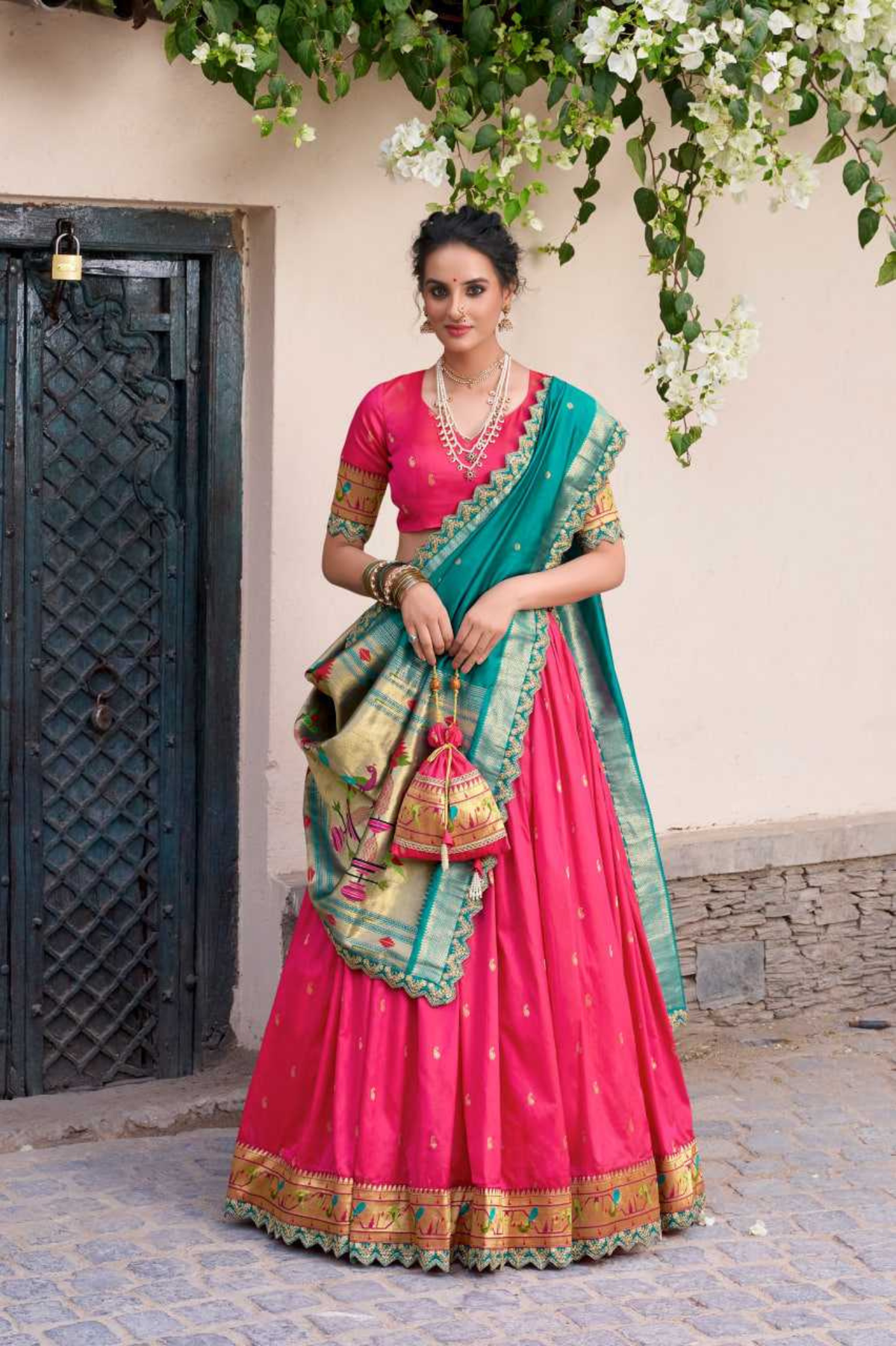 Royal Paithani Pink & Teal Jacquard Silk Bridal Lehenga