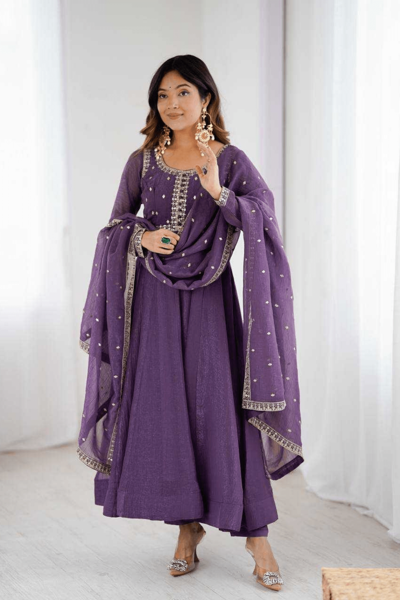 Royal Purple Crunchy Silk Embroidered Anarkali Gown Set - kavyo.in