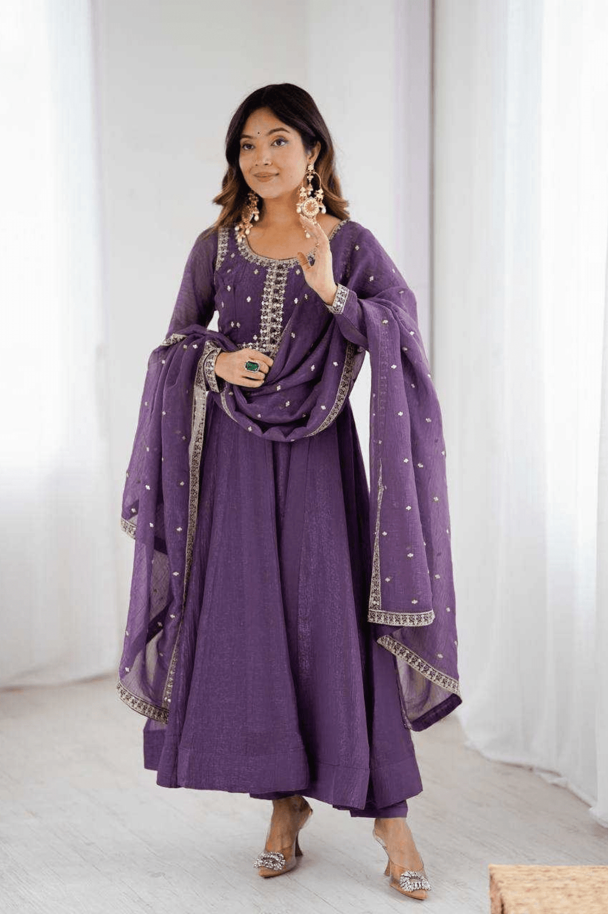 Royal Purple Crunchy Silk Embroidered Anarkali Gown Set - kavyo.in