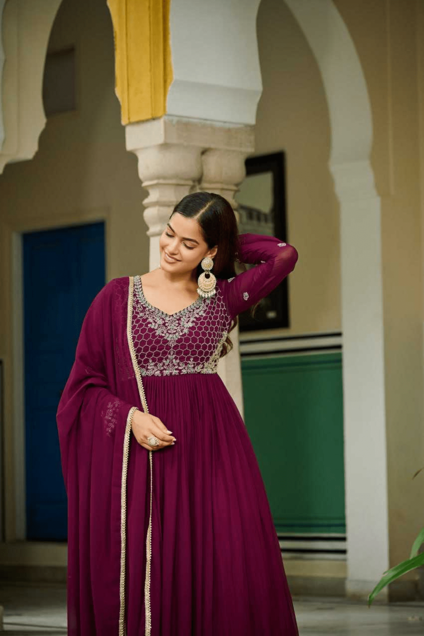 Wine Grace Faux Blooming Anarkali Gown with Designer Dupatta - kavyo.in