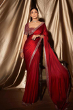 Shilpa Shetty Inspired Royal Red Satin Silk Saree with Original Mirror and Embroidery Work