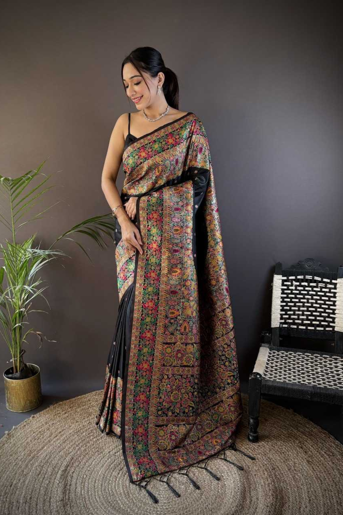 Black Soft Kashmiri Pashmina Silk Saree with Intricate Weaving Work