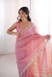 Pure Spun Cotton Pink Saree with Real Mirror Work & Jari Embroidery