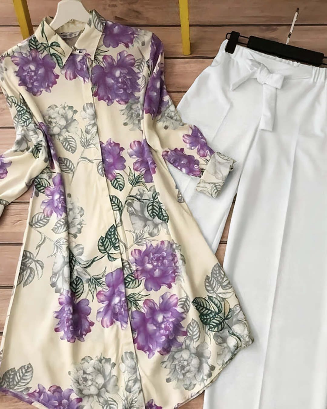 Lavender Bloom Kurti with White Palazzo Set