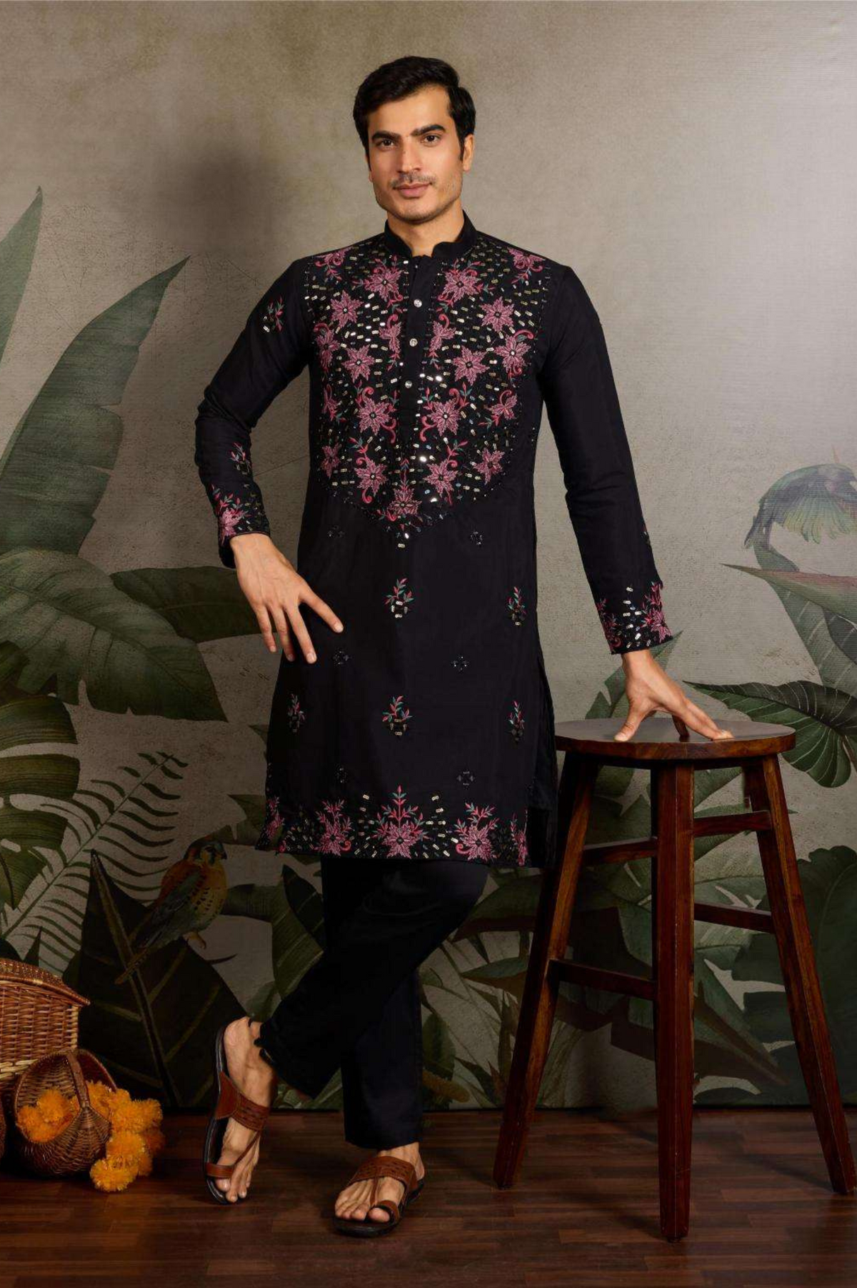 Black Embroidered Kurta Set with White Pant