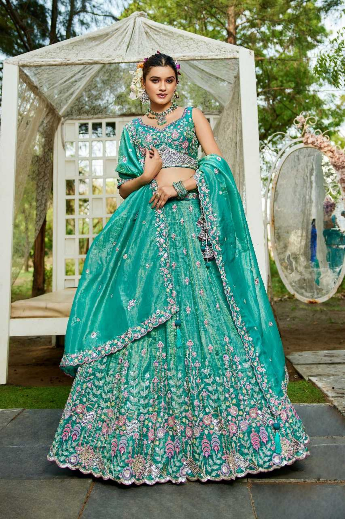 Sea Green Tissue Embroidered Designer Lehenga Set