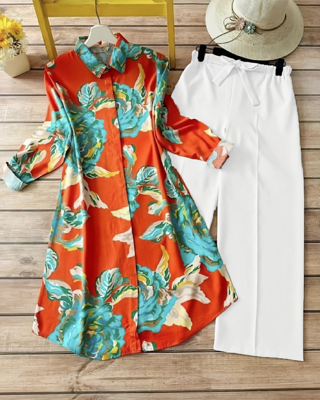 Tangerine Bloom Kurti with White Palazzo Set