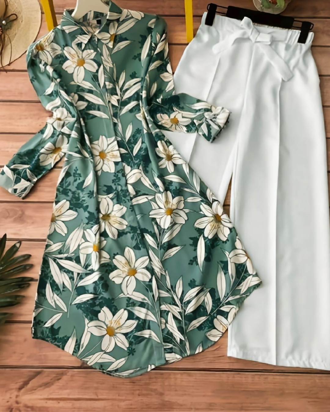 Elegant Green Floral Kurti with White Palazzo Set