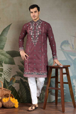 Cocoa Brown Viscose Silk Embroidered Kurta Set