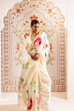 Ivory Floral Digital Print Japan Satin Saree with Matching Blouse