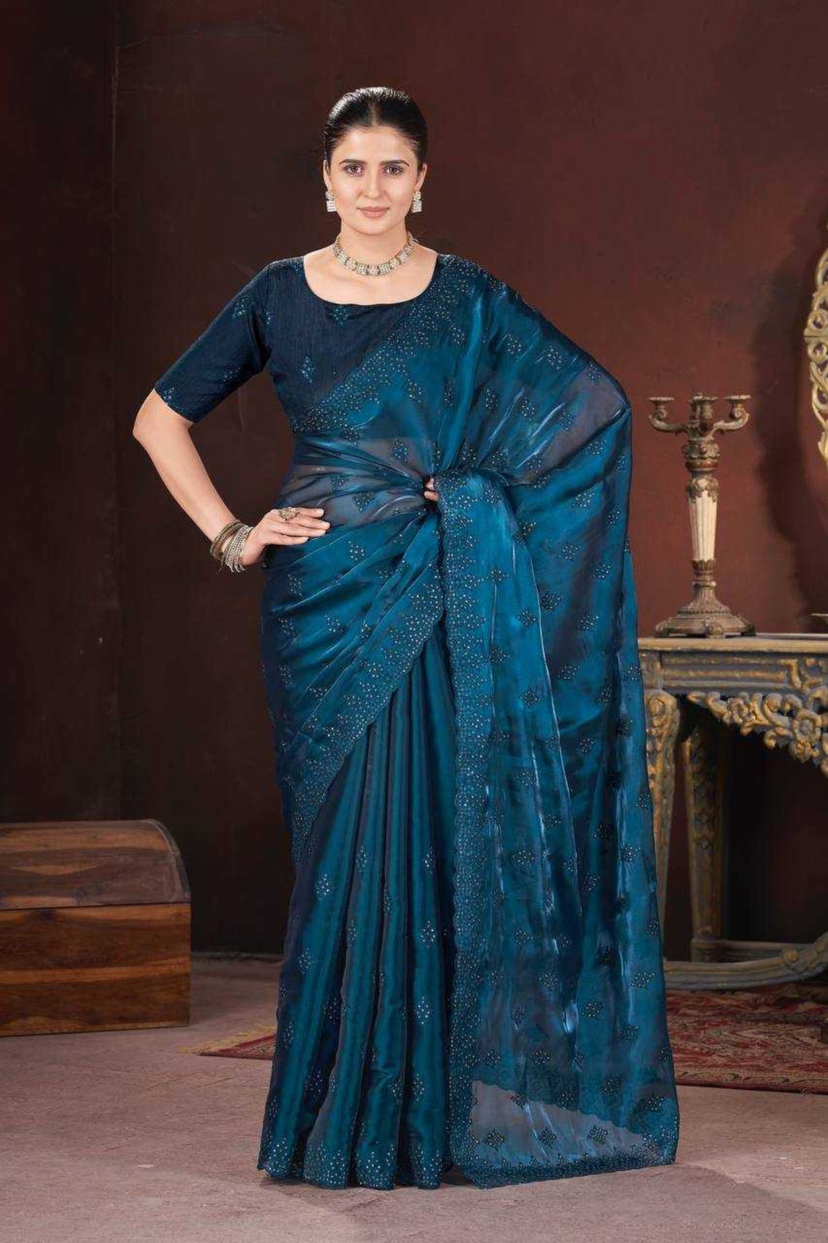 Elegant Geemichu Silk Saree with 3mm Sequins & Cross-Stitch Embroidery