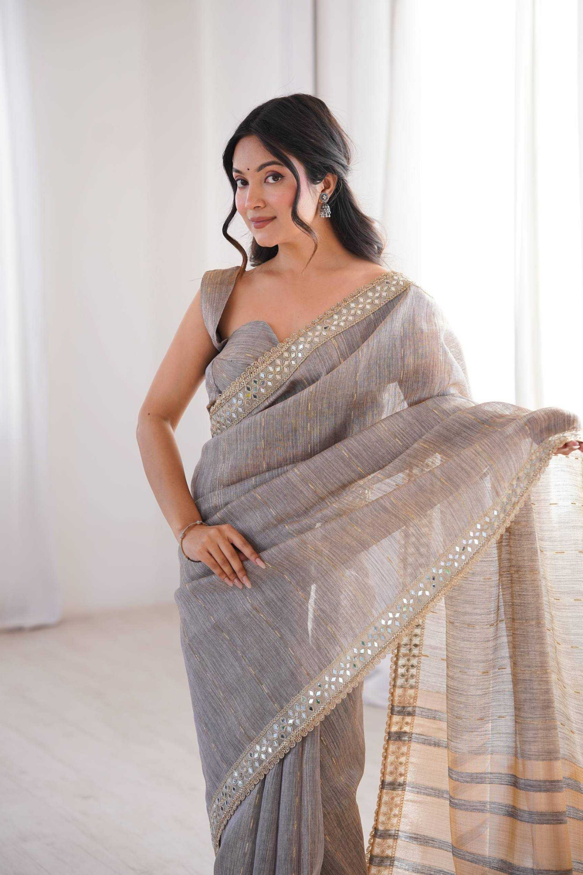Pure Spun Cotton Gray Saree with Real Mirror Work & Jari Embroidery