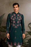 Dark Green Neck Embroidered Kurta Set with White Pant