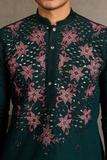 Dark Green Neck Embroidered Kurta Set with White Pant